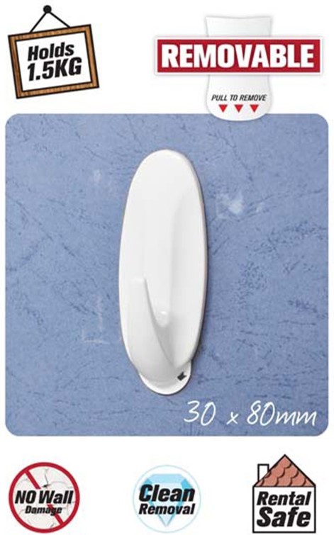 BuyforHome.gr Κρεμαστράκια μονά αυτοκόλλητα/αφαιρούμενα πλαστικά οβάλ, No 201. Χρώμα: Λευκό. Διαστάσεις: 3x8cm. Blister 2 Τεμαχίων.